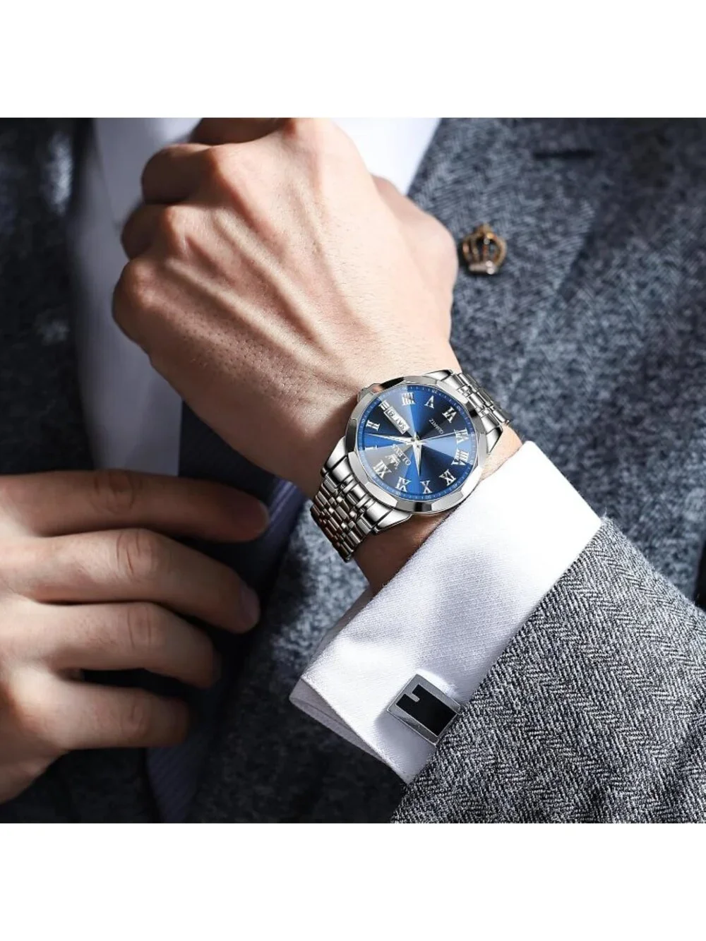 Men's Silver Blue Face Stainless Luminous Quartz Waterproof Round Classic Watch